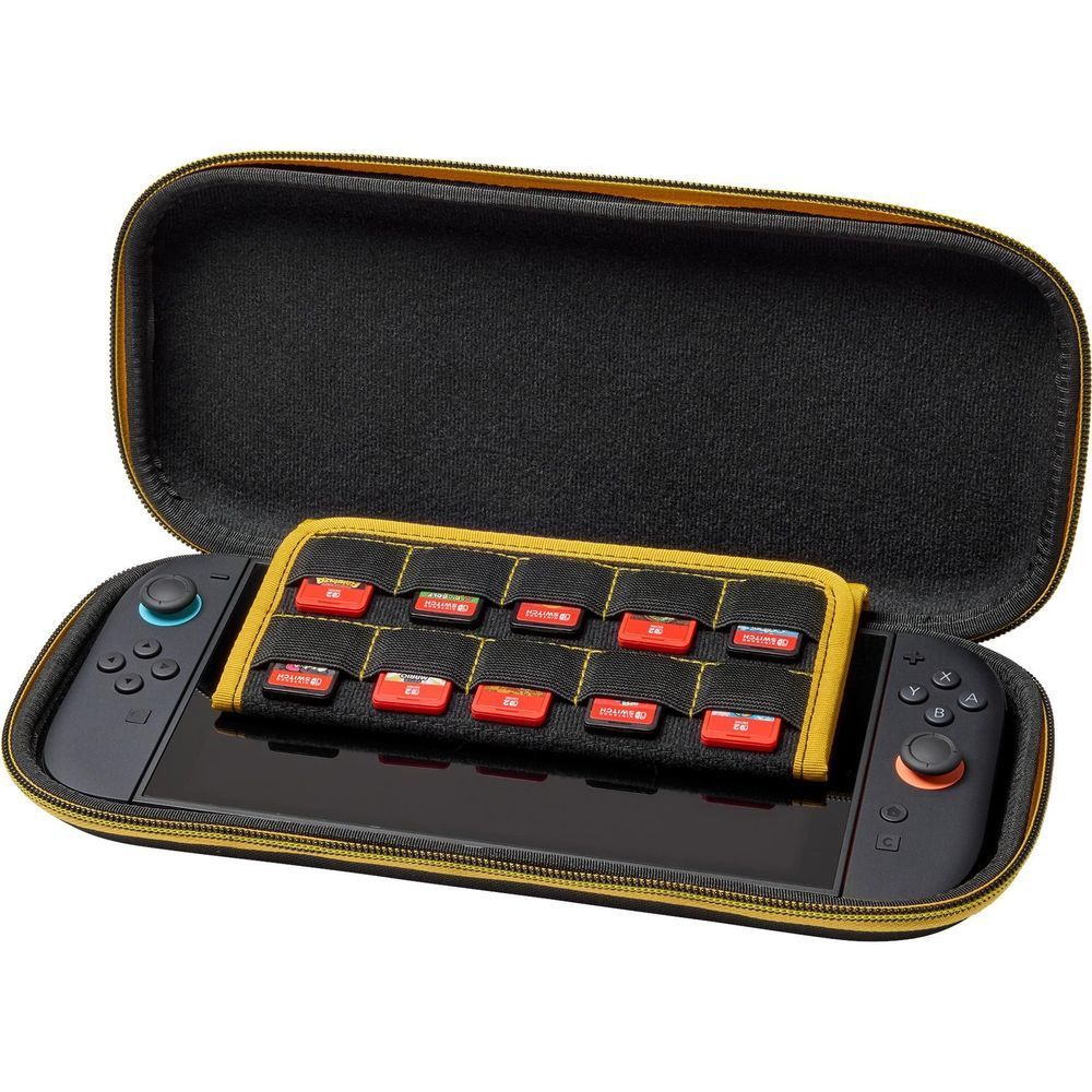 Open Switch case with game card slots and controller pieces inside