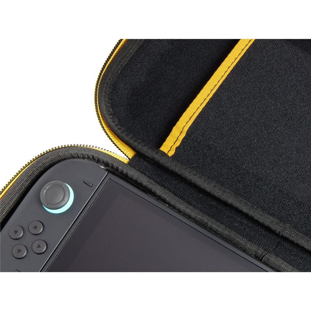 Close-up of case opening with yellow trim and gray fabric lining