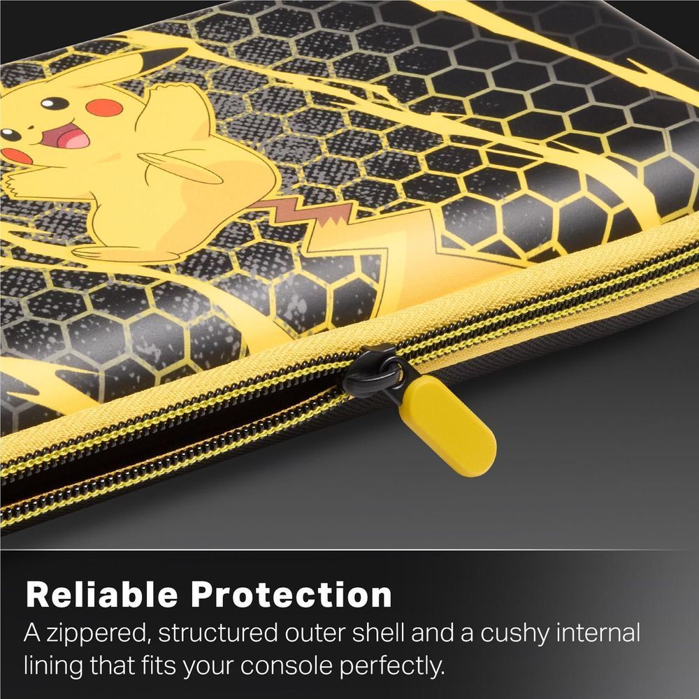 Pikachu storm Switch case with textured shell and black-and-yellow zipper pull