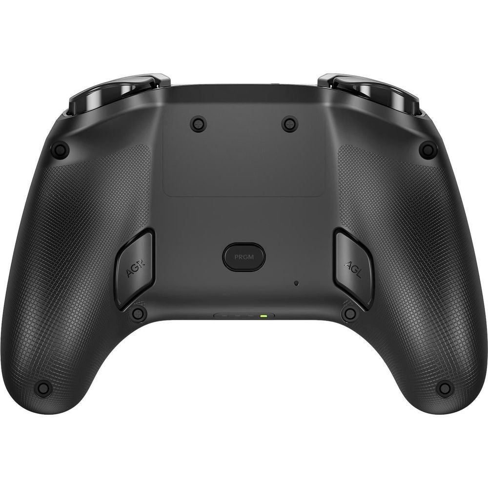 Black controller back view with textured grips, triggers, and D-pad module