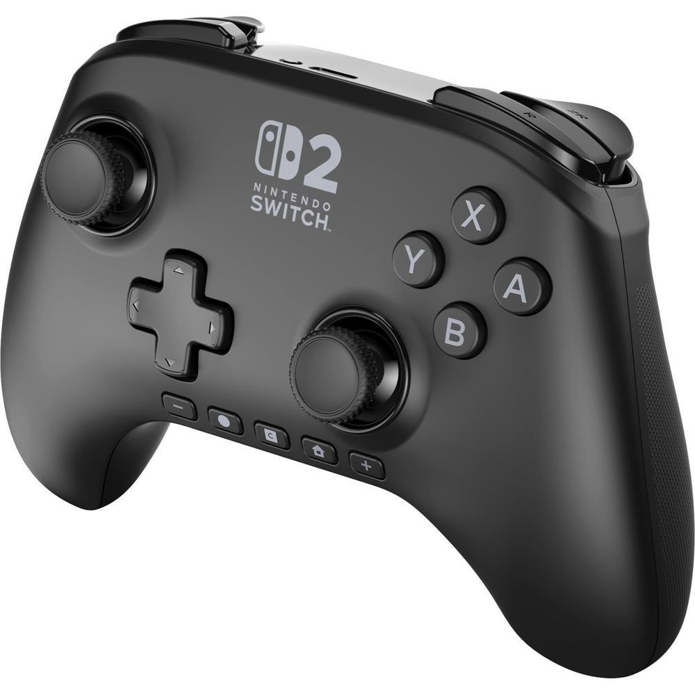 Black wireless controller close-up showing ABXY buttons, thumbsticks, and triggers