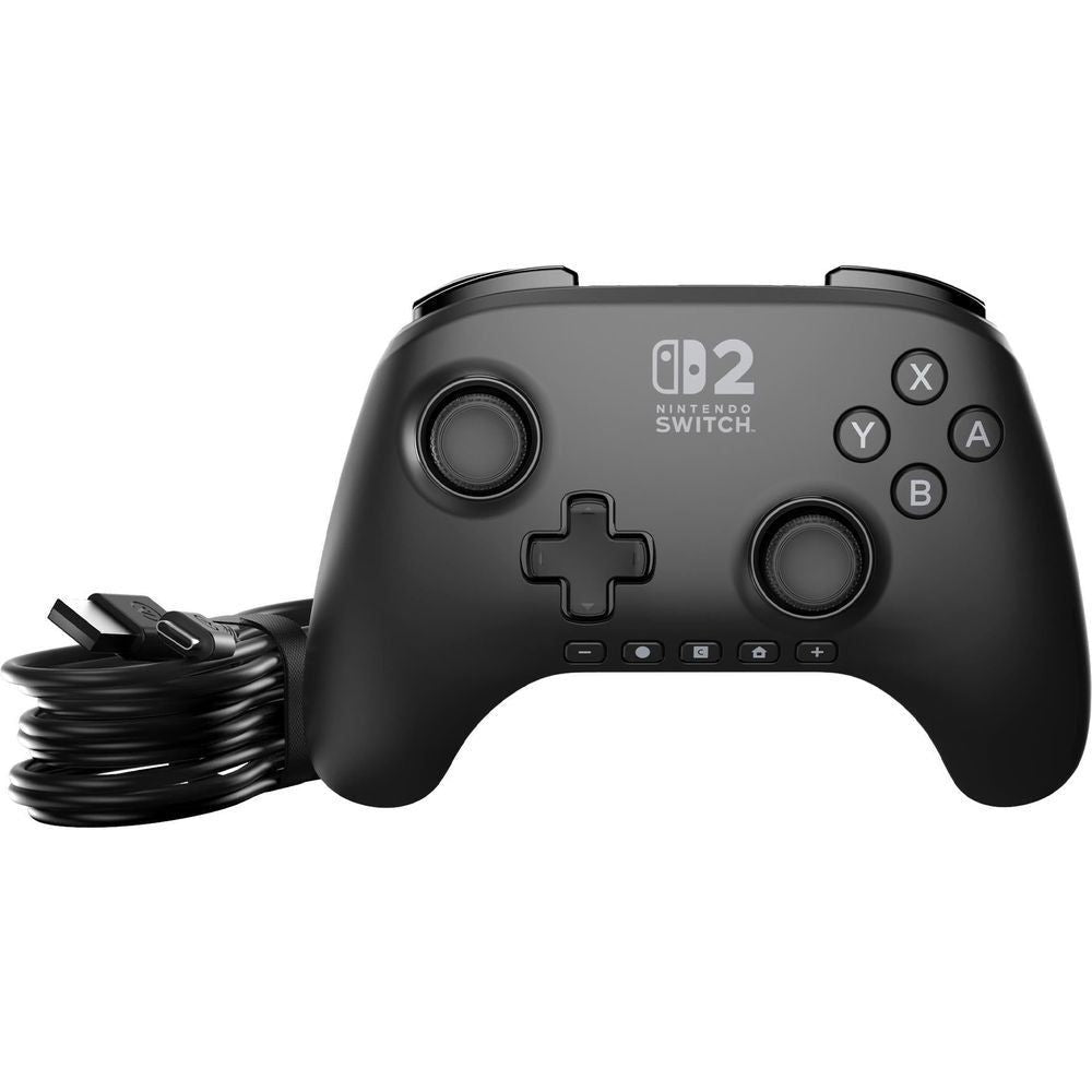 Black wireless controller with coiled cable, twin thumbsticks, and ABXY buttons
