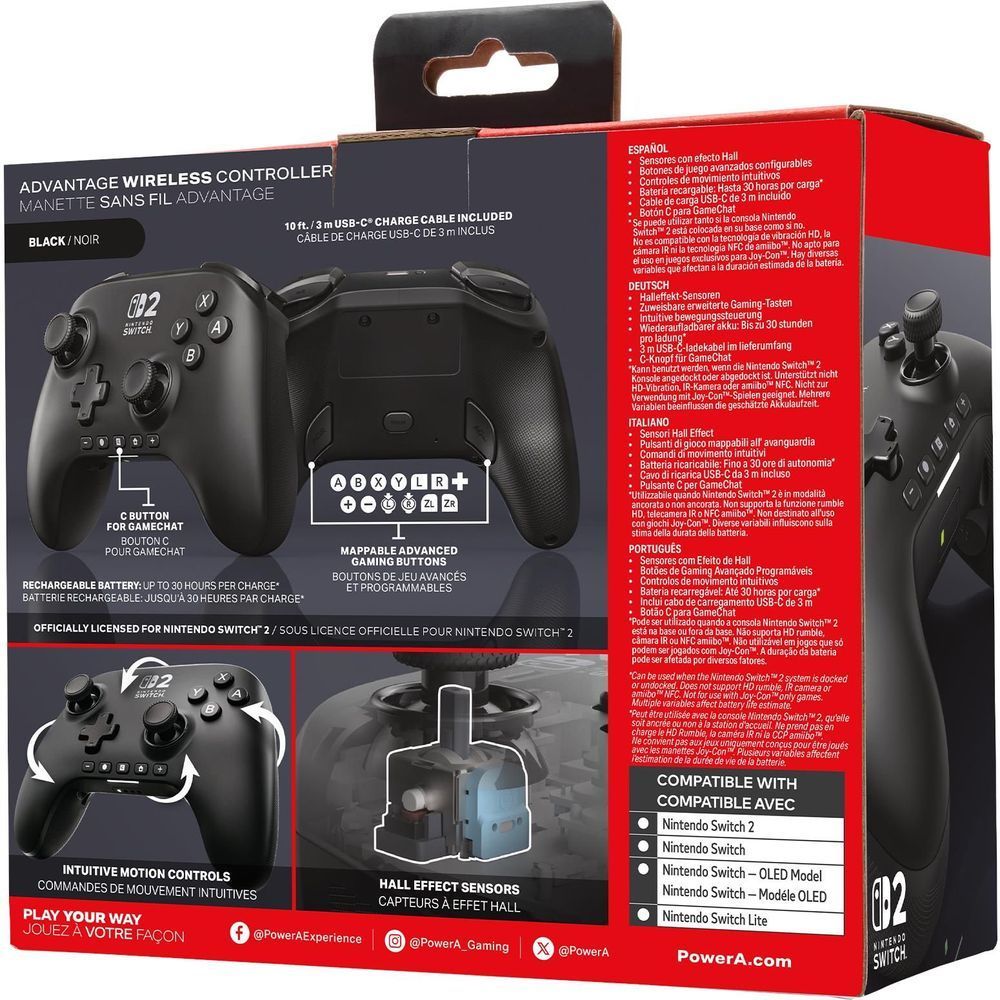 Controller packaging box with front and side panels showing controller features