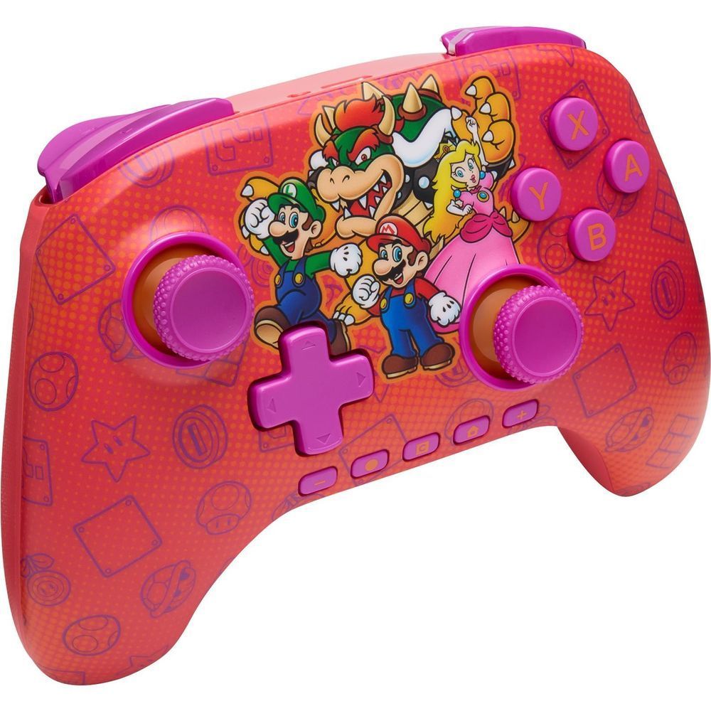 Pink and purple Super Mario themed wireless controller viewed from the side with grips and triggers