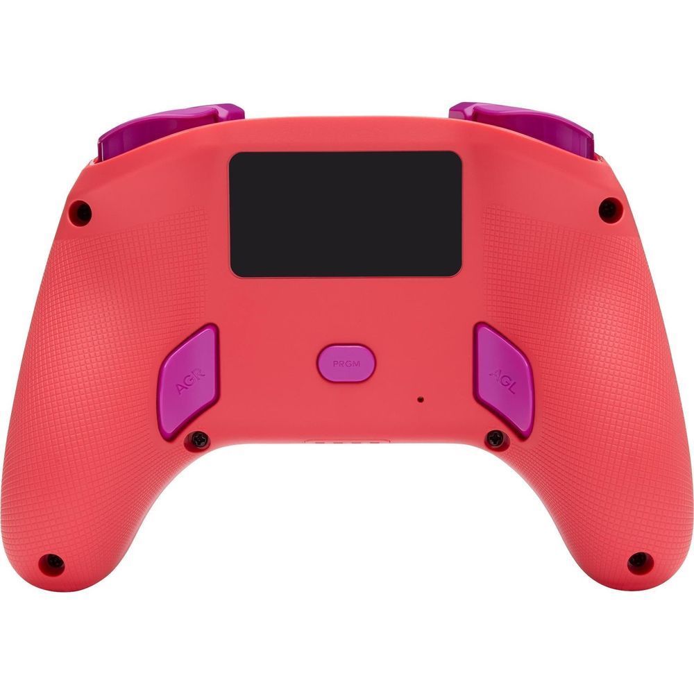 Pink wireless game controller back with dual grip triggers and central display window