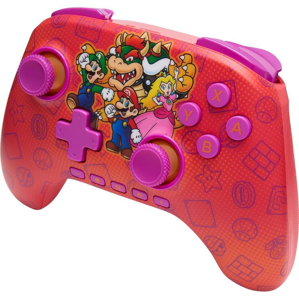 Super Mario themed wireless game controller in pink with purple D-pad and thumbsticks