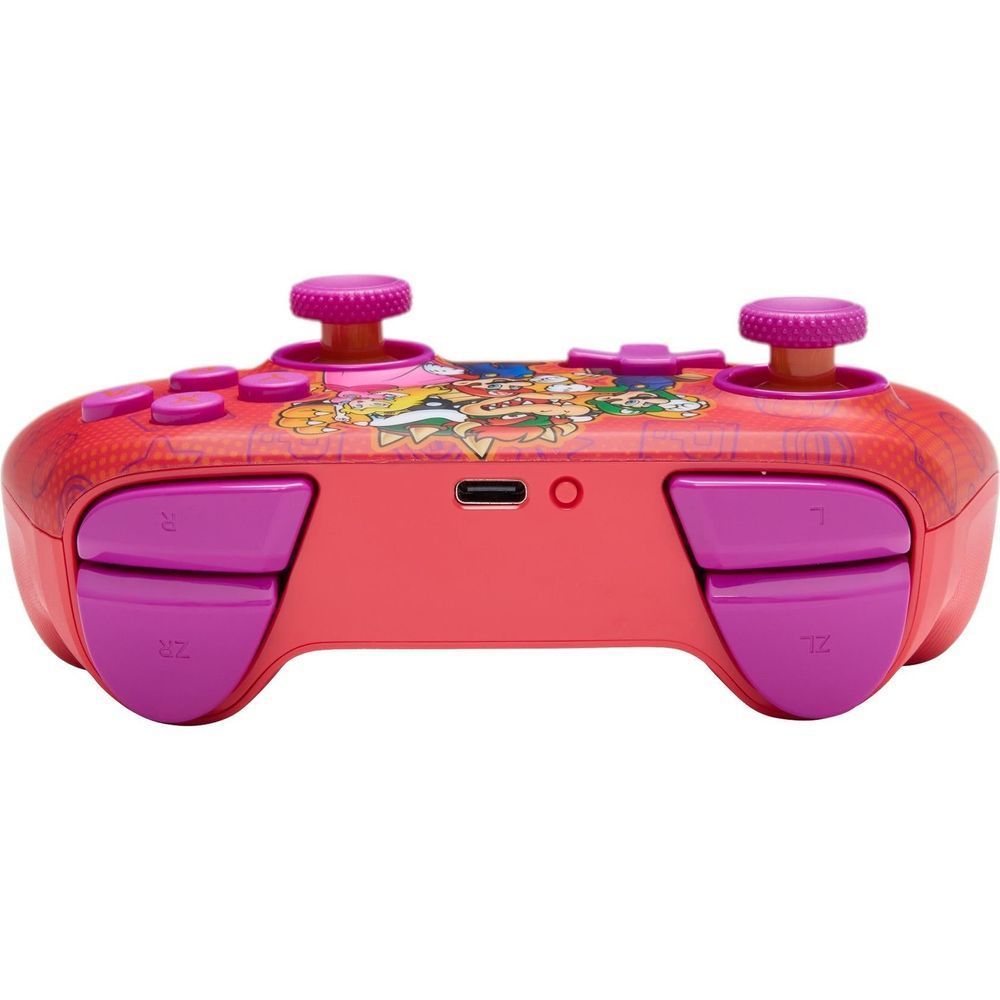 Super Mario themed wireless controller top view with two textured shoulder grips and buttons