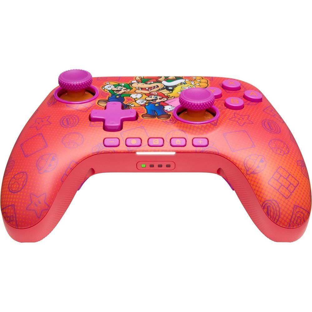 Super Mario themed wireless game controller front view with purple D-pad and four face buttons