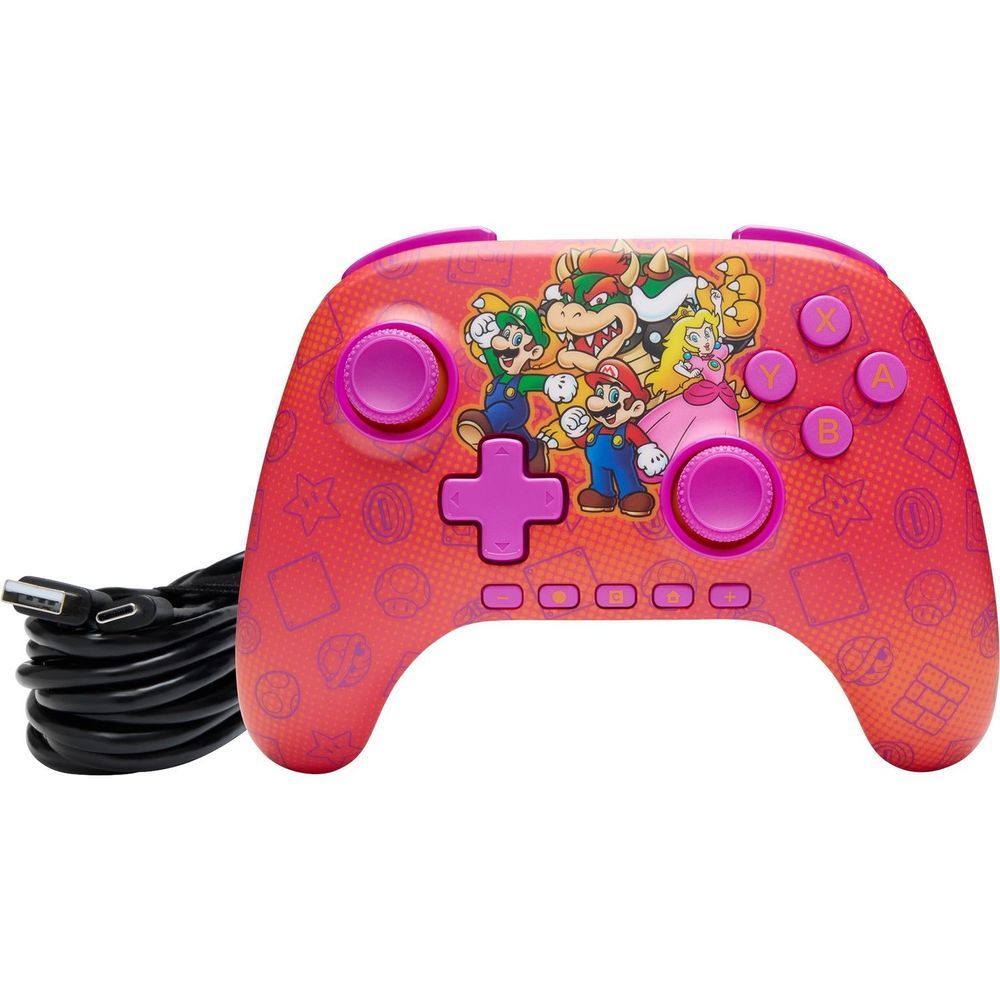 Super Mario themed wireless controller with USB charging cable bundle on the left side