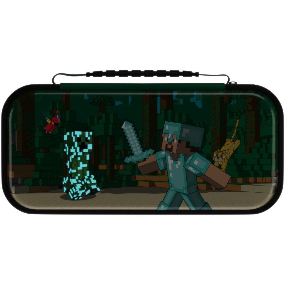 Minecraft-themed Nintendo Switch travel case, green hard shell with sword character graphic.