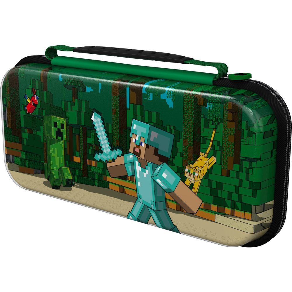 Minecraft-themed Nintendo Switch travel case, green hard shell with diagonal character artwork.