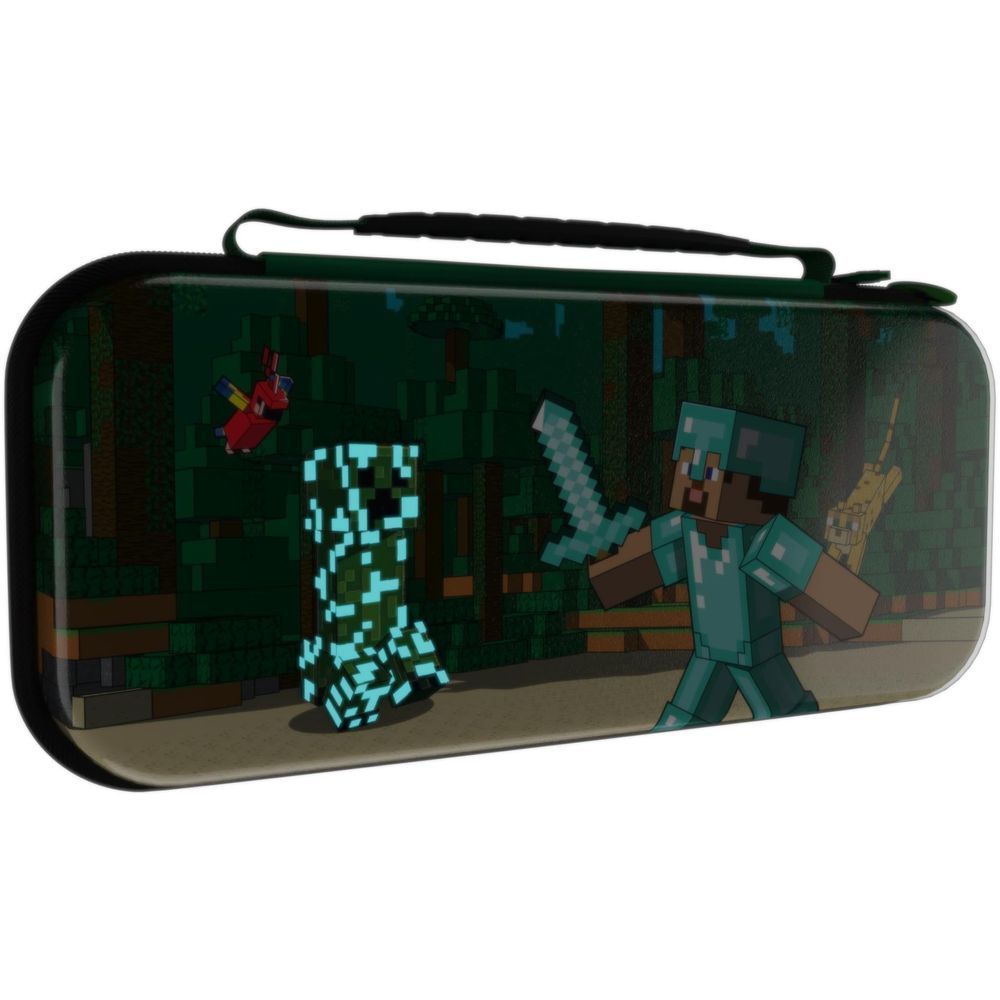 Minecraft-themed Nintendo Switch travel case, green hard shell showing Creeper and character.