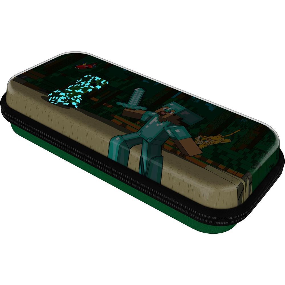 Minecraft-themed Nintendo Switch travel case, angled view with green base and black zipper.