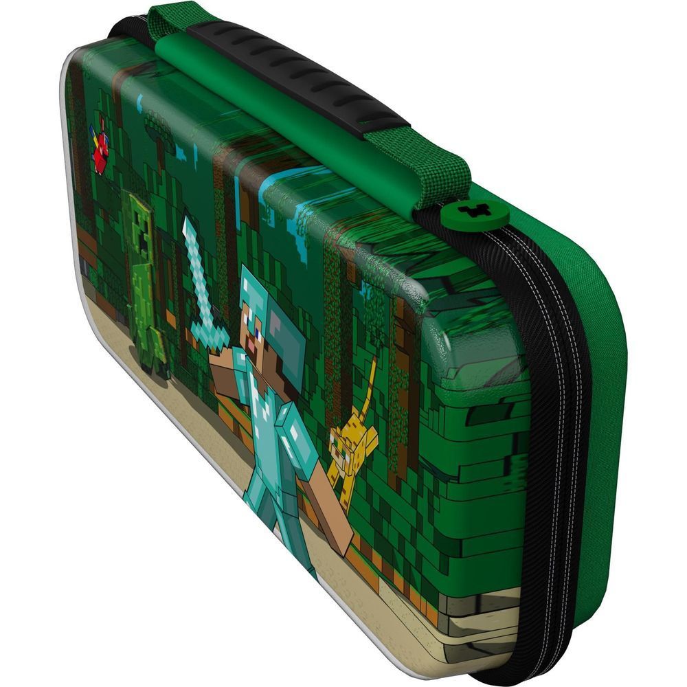 Minecraft-themed Nintendo Switch travel case, side panel with green handle strap and character art.
