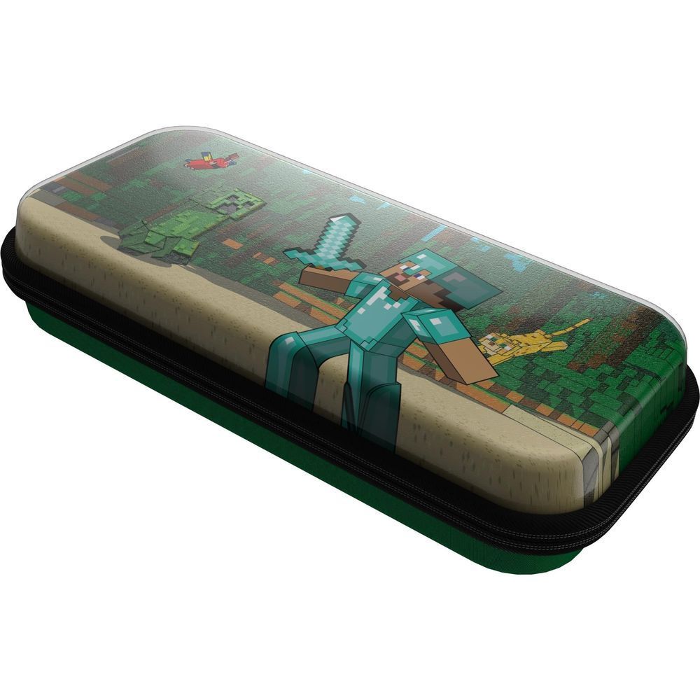 Minecraft-themed Nintendo Switch travel case, top view with Creeper and sword character design.