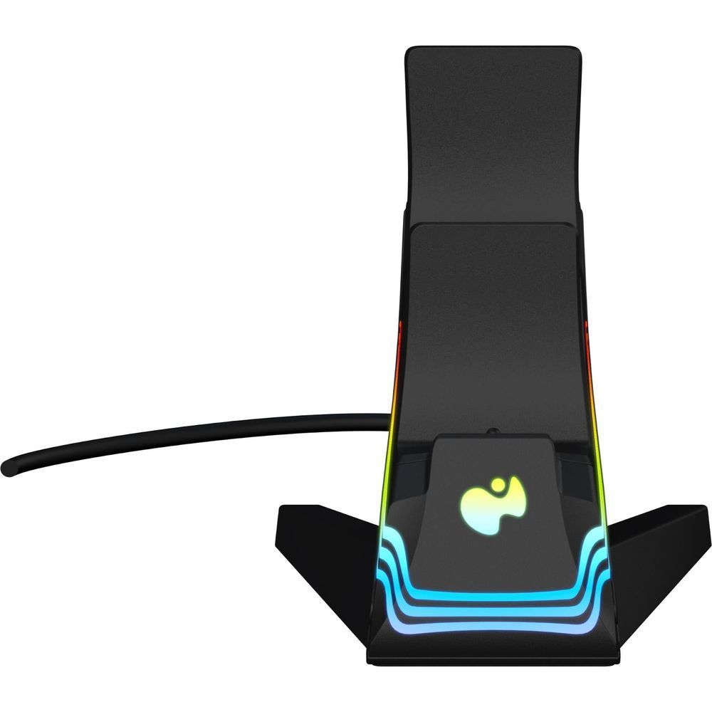 Black PS5 dual controller charger base with upright cradle and glowing LED panel
