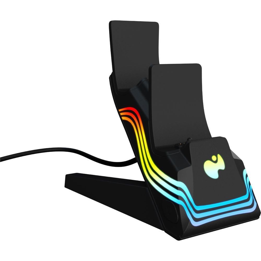 Black PS5 dual controller charger base with two upright cradles and multicolor LEDs