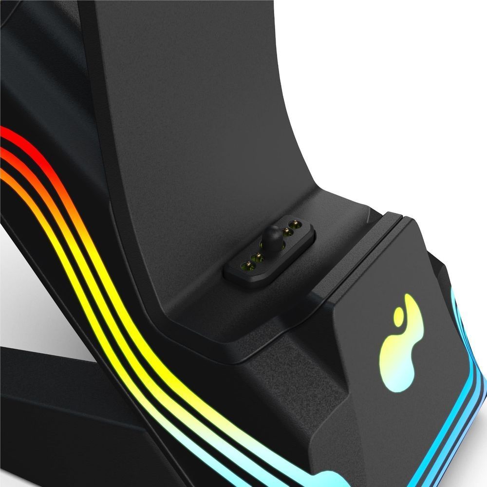 Black PS5 dual controller charger close-up of charging contacts and LED panel