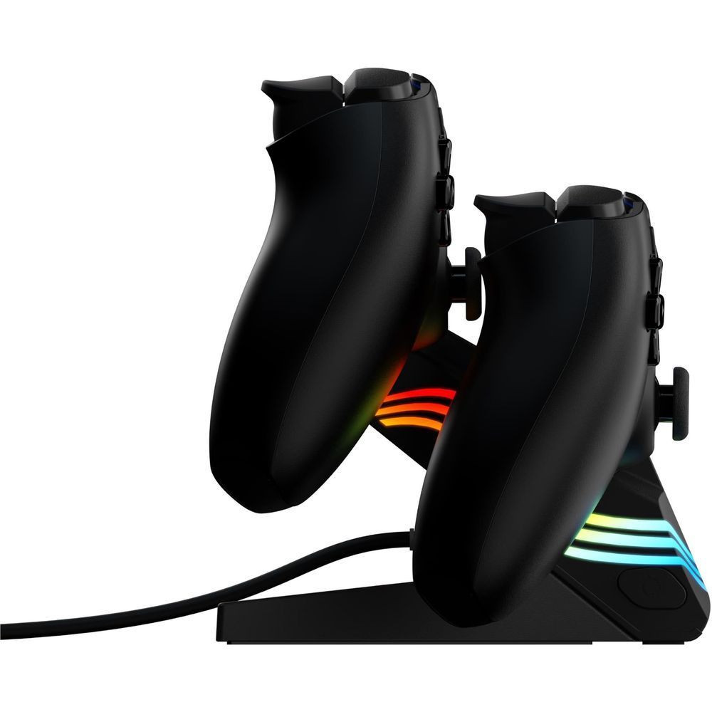 Black PS5 dual controller charger with two controllers docked and front cable