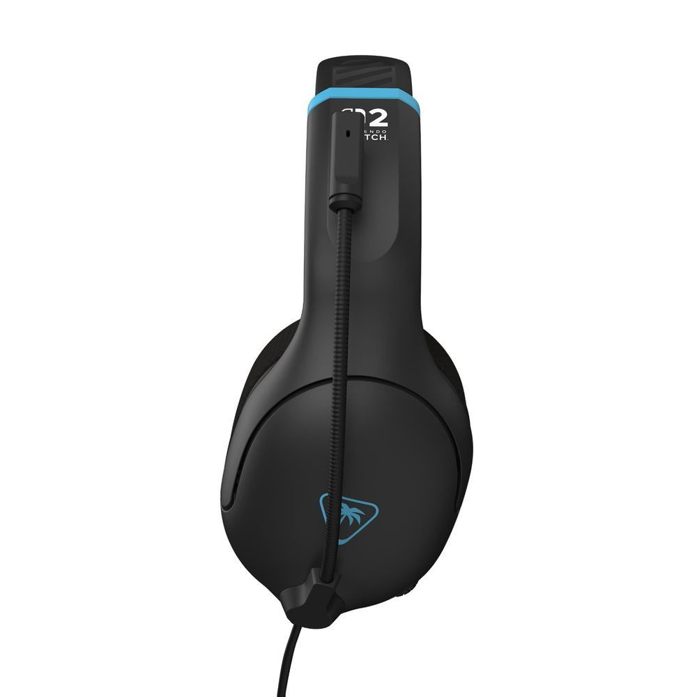 Black wired over-ear gaming headset, side view with inline microphone