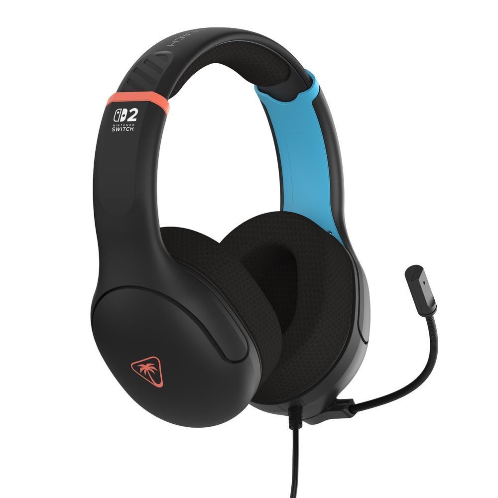 Black and blue over-ear wired gaming headset with inline microphone