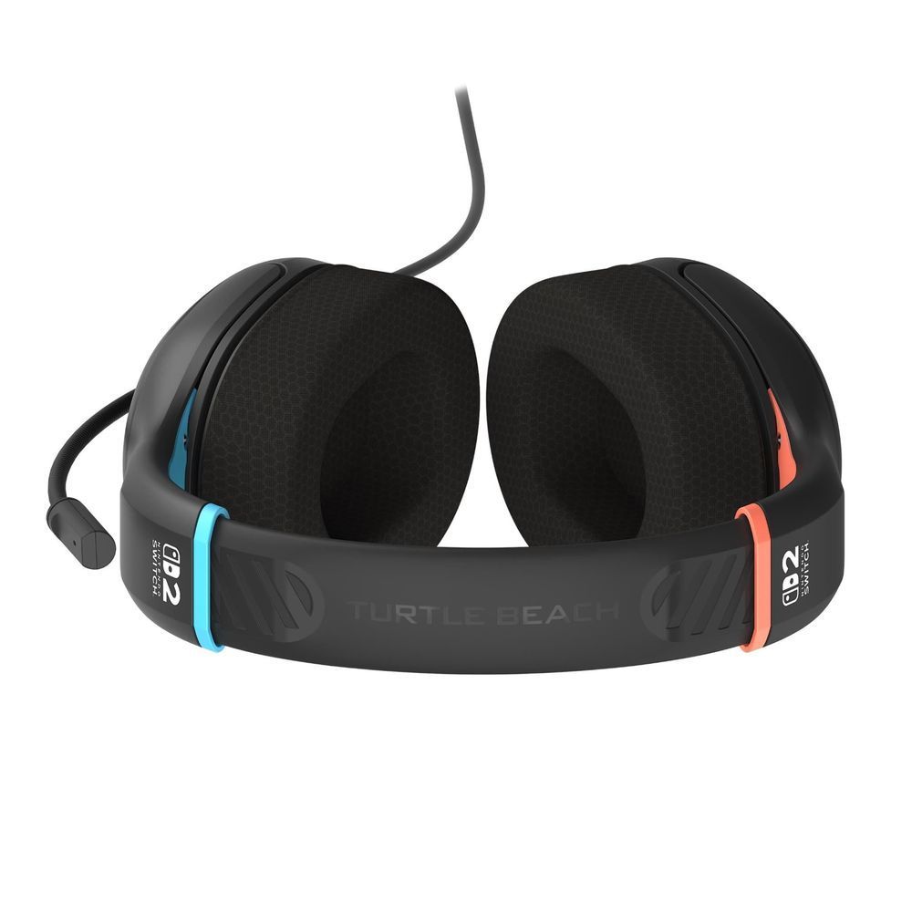Black wired over-ear gaming headset, ear pads close-up with cable connection