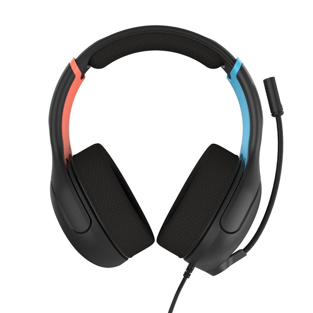 Black wired over-ear gaming headset with blue and orange accents and inline mic