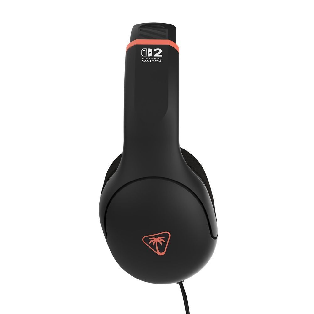 Black wired over-ear gaming headset, top and side view with inline microphone