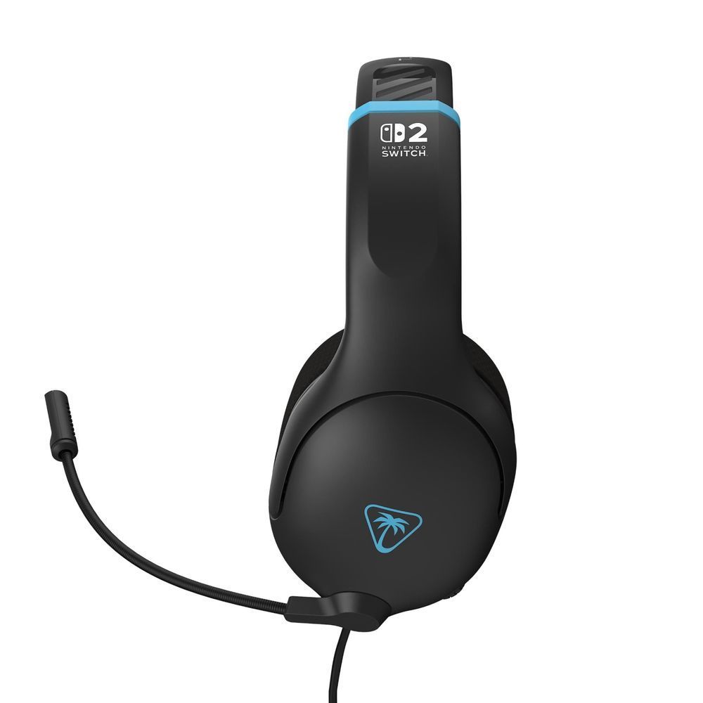 Black wired over-ear gaming headset, side view with cable and inline microphone