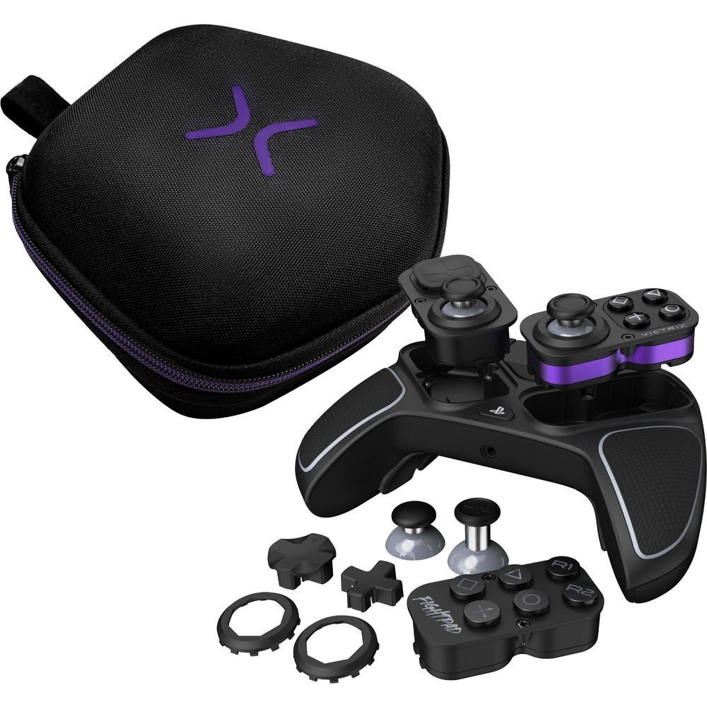 Black PS5 controller with purple accents, included case and accessory parts