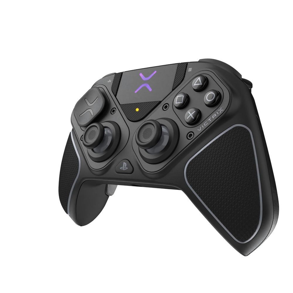 Black PS5 wireless controller, angled front view with thumbsticks and face buttons