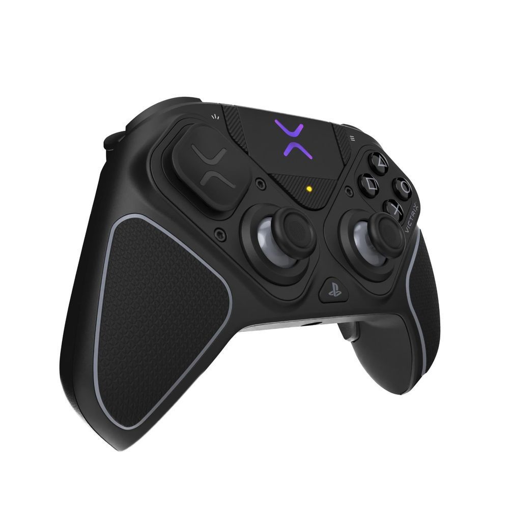 Black PS5 wireless controller close-up with textured grips and thumbsticks