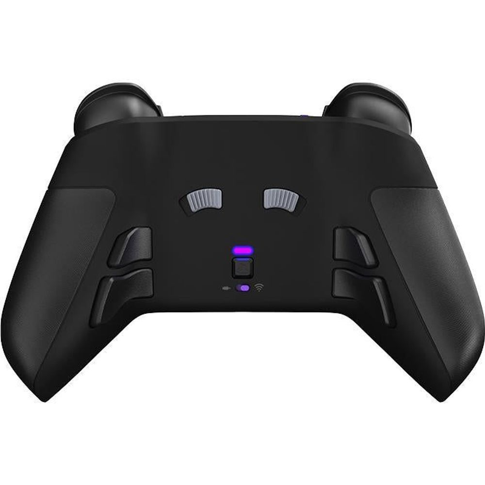 Black PS5 controller underside with trigger housings and purple status light
