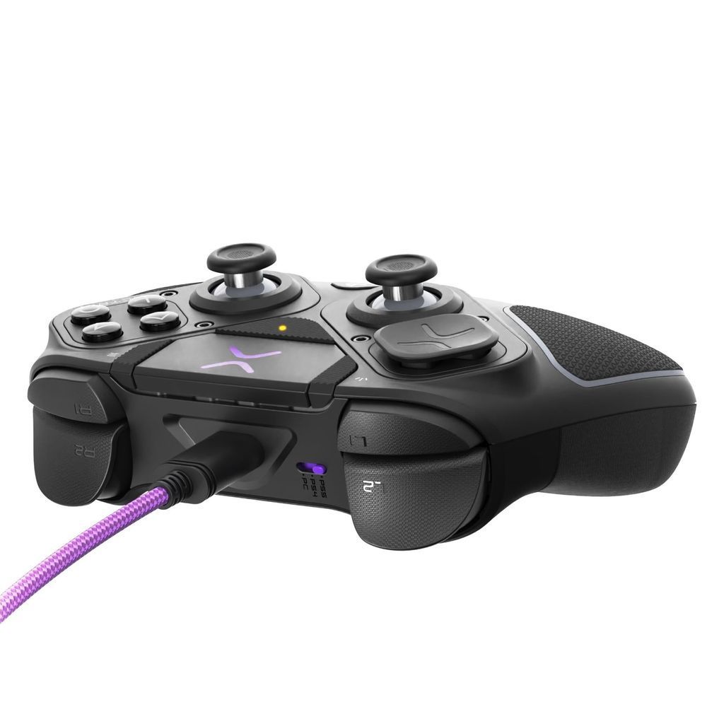 Black PS5 controller with purple accent, top view showing grips and controls