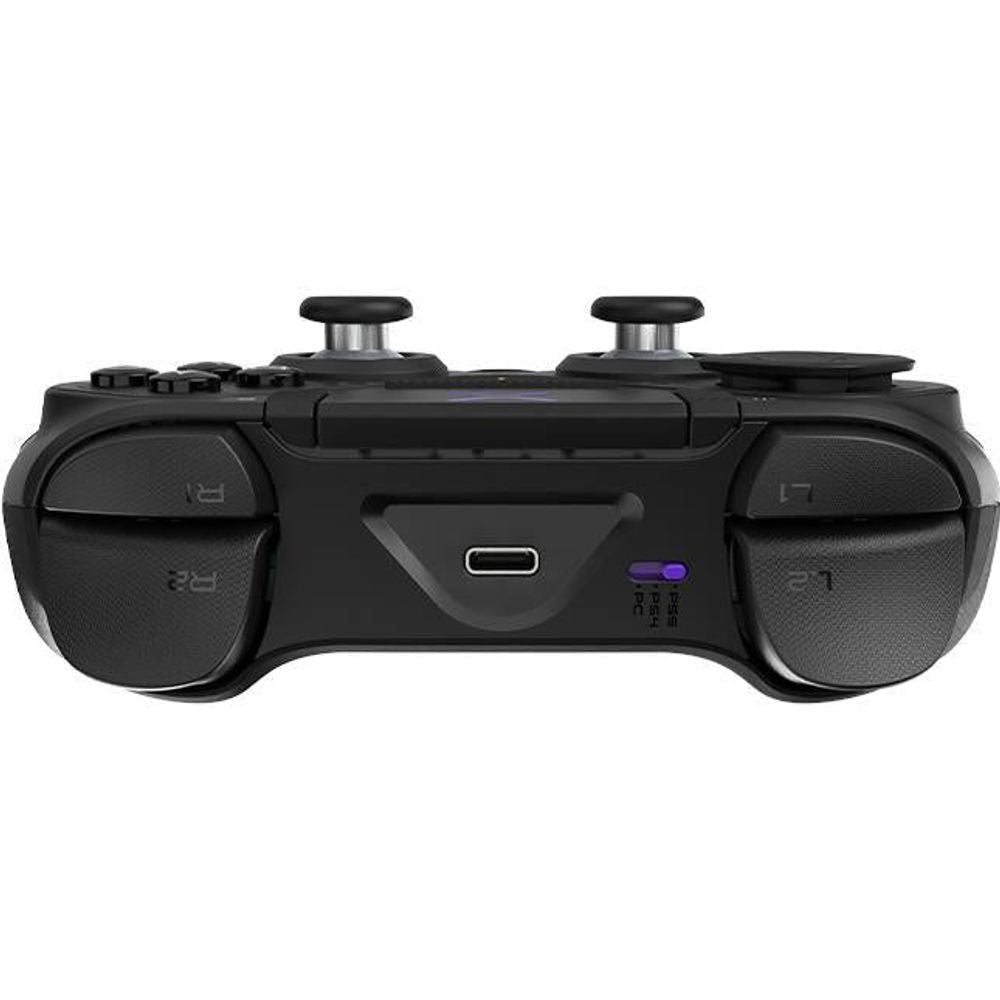 Black PS5 controller back view with central port and textured handle grips