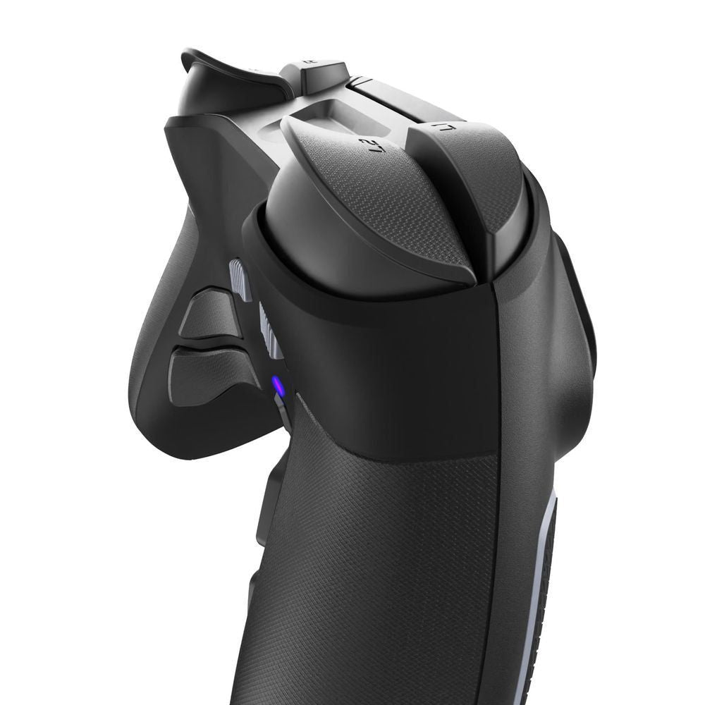 Black PS5 controller side view with textured grip and purple accent