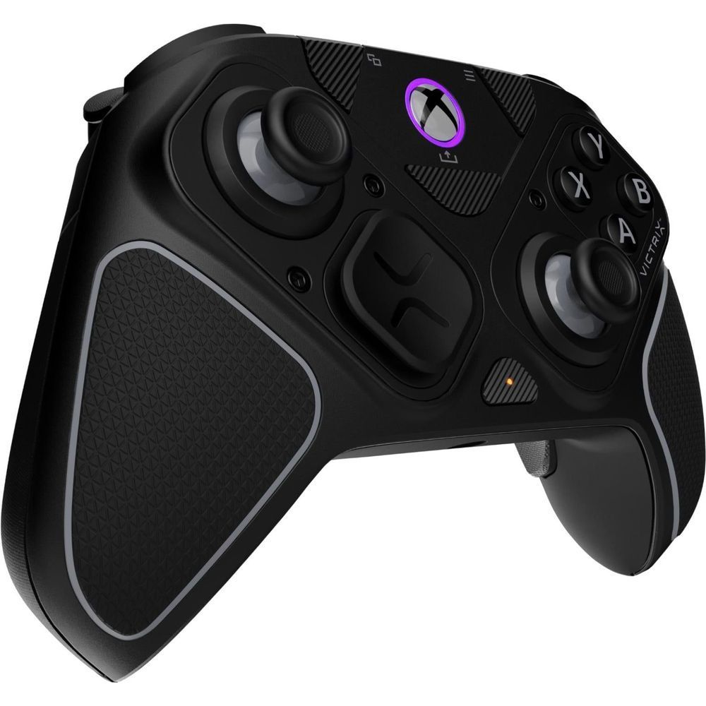 Black Xbox wireless controller with purple-lit thumbstick ring and ABXY face buttons