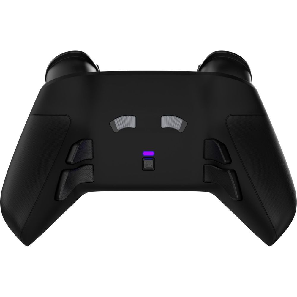 Black Xbox wireless controller back with purple indicator light and molded hand grips