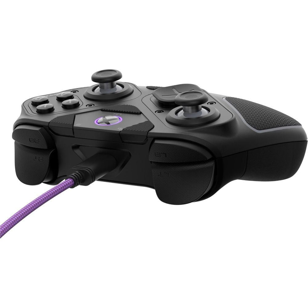 Black Xbox wireless controller with purple braided cable and dual thumbsticks