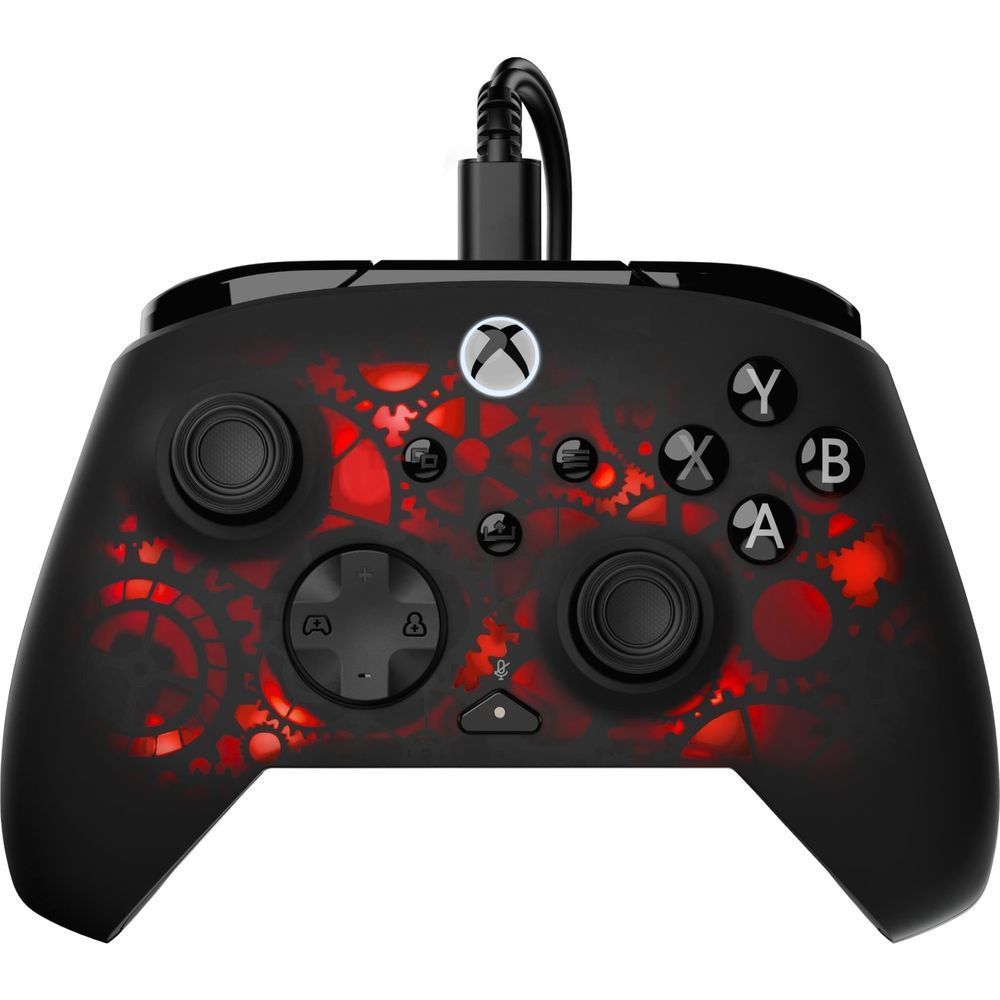 Wired Xbox gaming controller with black body and red glowing graphic faceplate