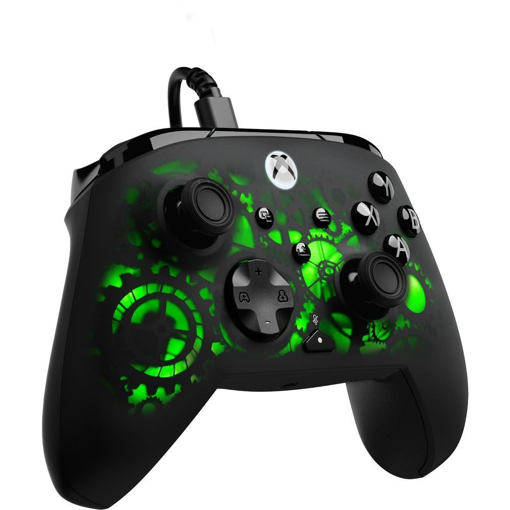 Wired Xbox gaming controller with black body and green glowing graphic faceplate