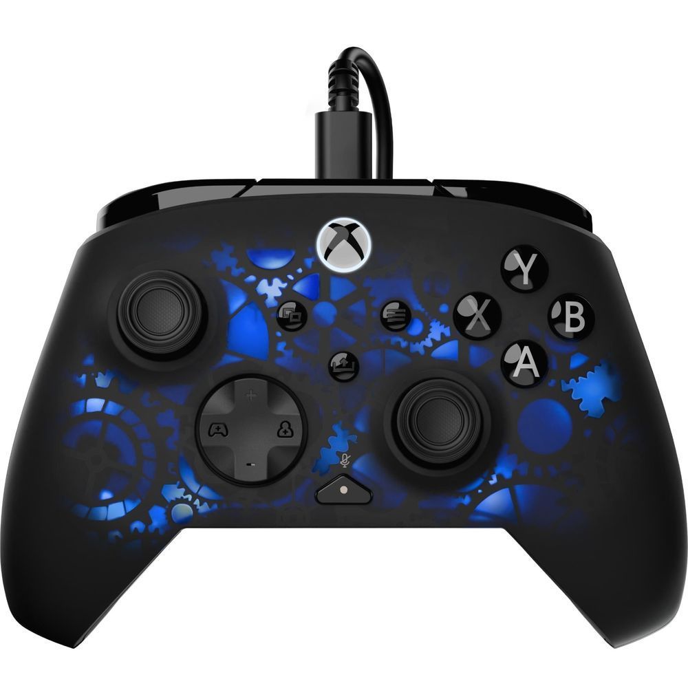Wired Xbox gaming controller with black body and blue glowing graphic faceplate