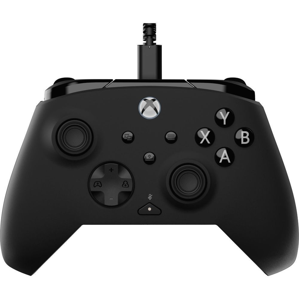 Wired Xbox gaming controller with black body and standard button layout, no graphics