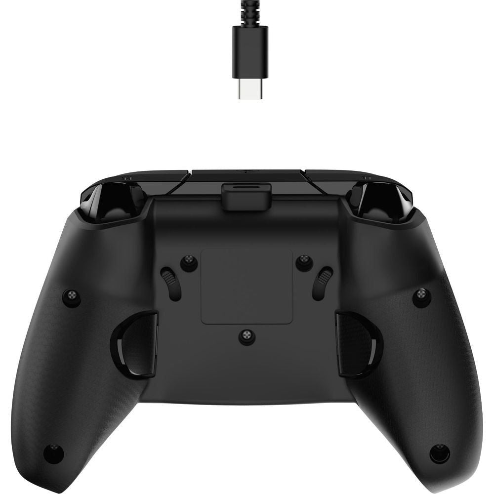 Wired Xbox gaming controller back view with black grips and cable connection port