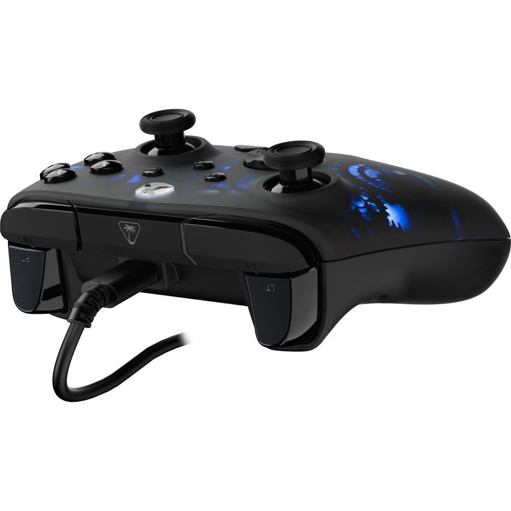 Wired Xbox gaming controller side view with blue graphic accents and dual thumbsticks