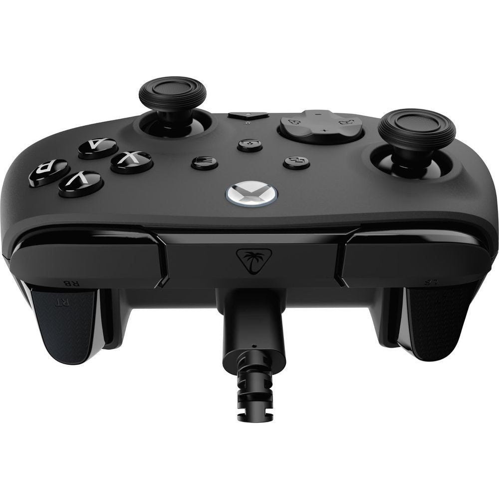 Wired Xbox gaming controller top view with black grips and central X-shaped logo