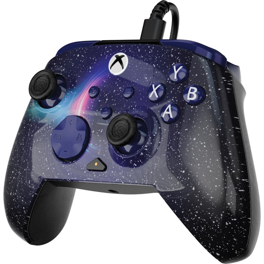 Dark blue galaxy wired gaming controller angled view with dual analog sticks and Xbox face buttons