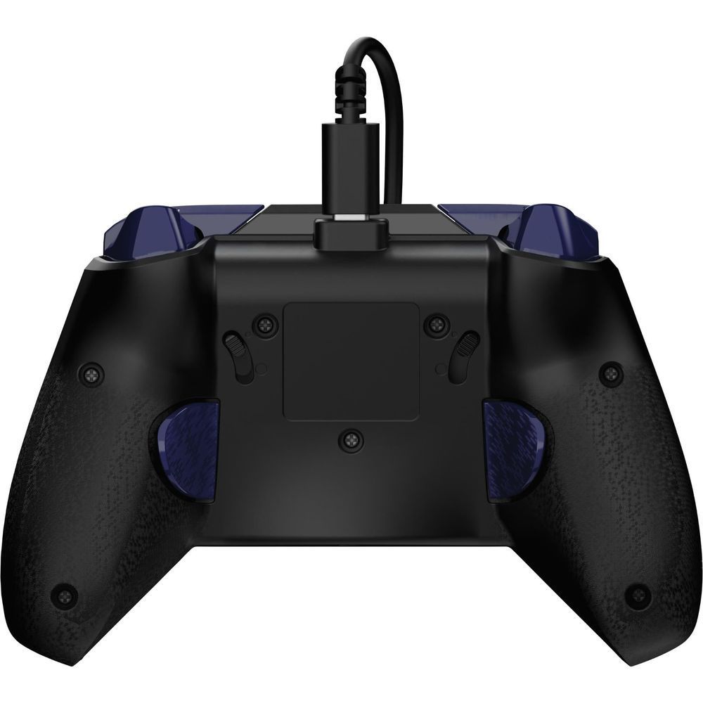 Dark blue galaxy wired gaming controller back view with black grips and wired connector on top