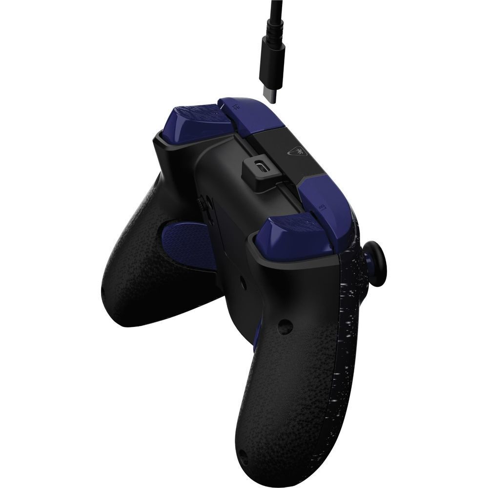 Dark blue and black wired gaming controller side view with curved grips and trigger buttons