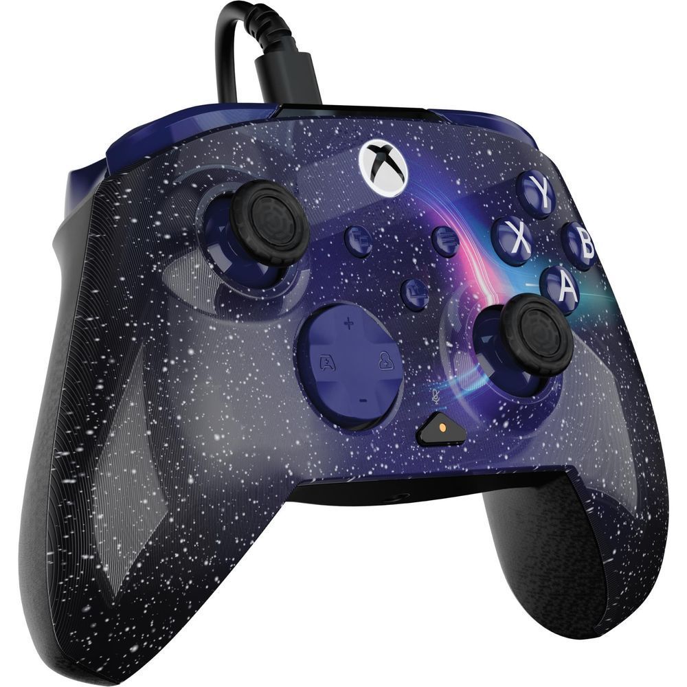 Dark blue galaxy wired gaming controller front close-up with analog sticks and A/B/X/Y buttons